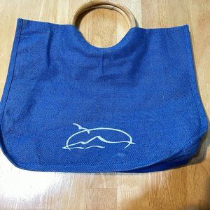 Blue canvas tote bag bamboo handles